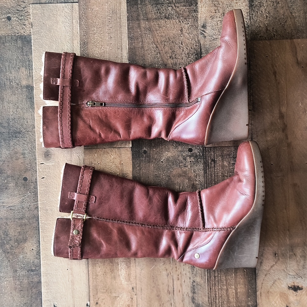 Ugg Maxine Wedge Brown Leather Shearling Tall Boots S… Gem